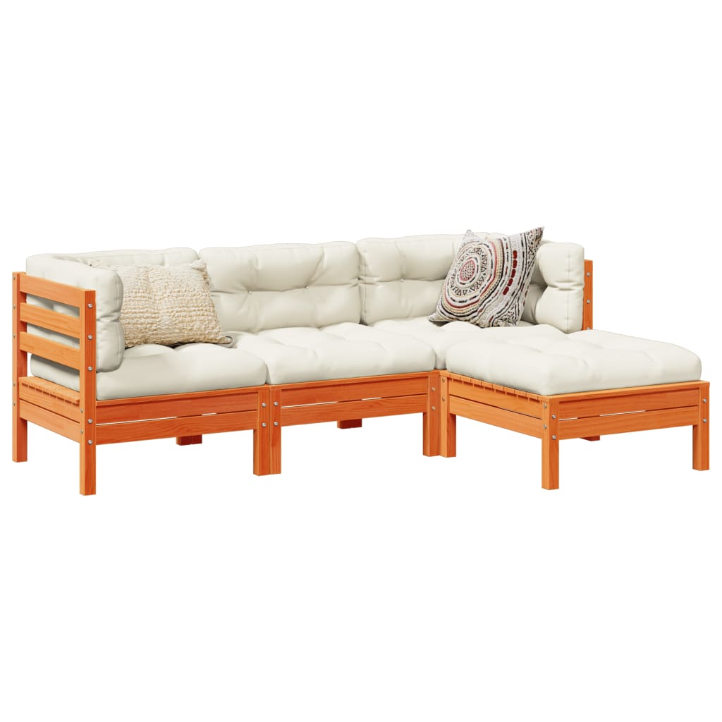 4-delige Loungeset met kussens massief grenenhout wasbruin – afbeelding 1