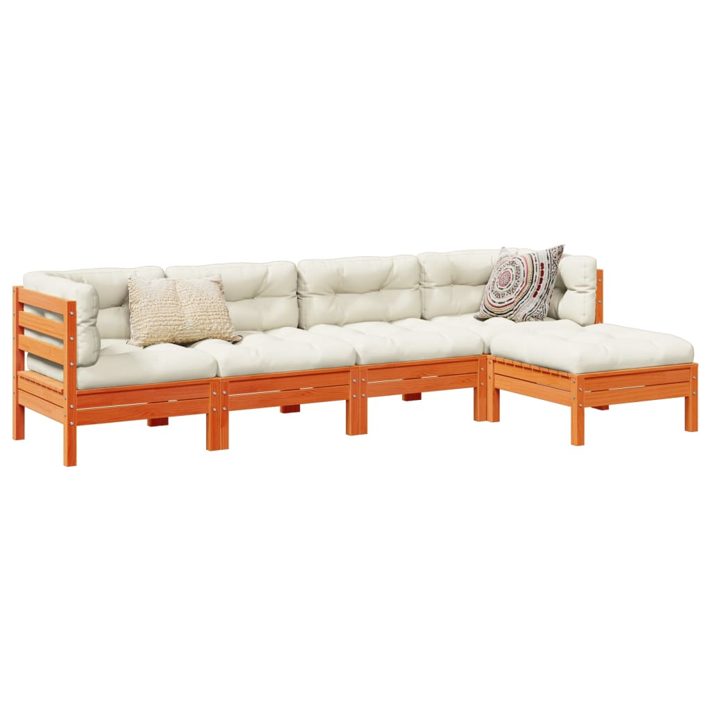 5-delige Loungeset met kussens massief grenenhout wasbruin – afbeelding 1