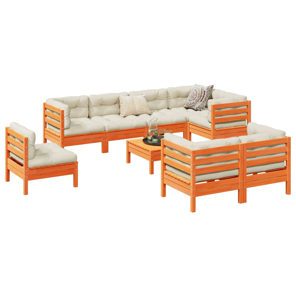 9-delige Loungeset met kussens massief grenenhout wasbruin – afbeelding 1