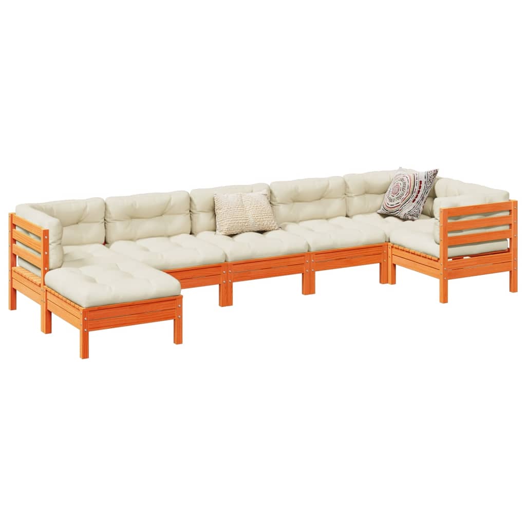 7-delige Loungeset met kussens massief grenenhout wasbruin – afbeelding 1
