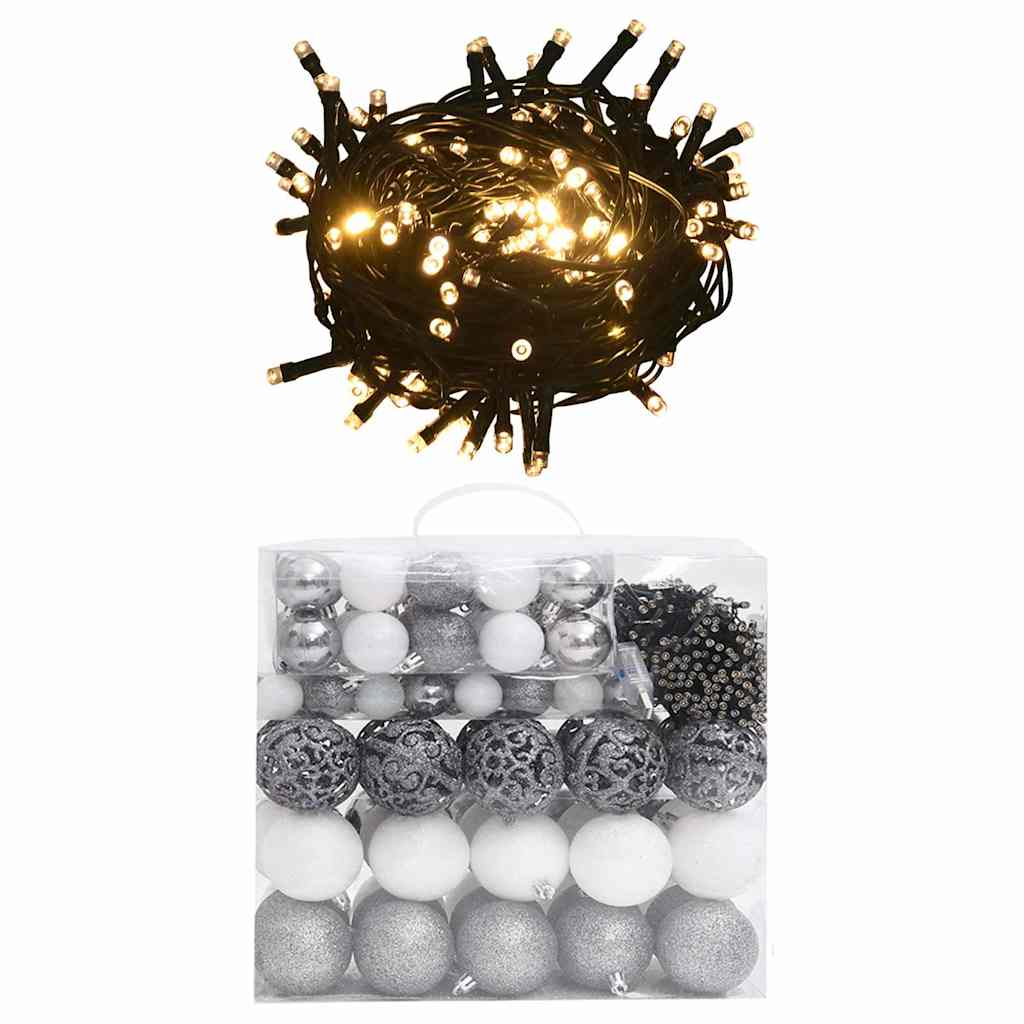 120-delige Kerstballenset met piek en 300 LED's wit en grijs