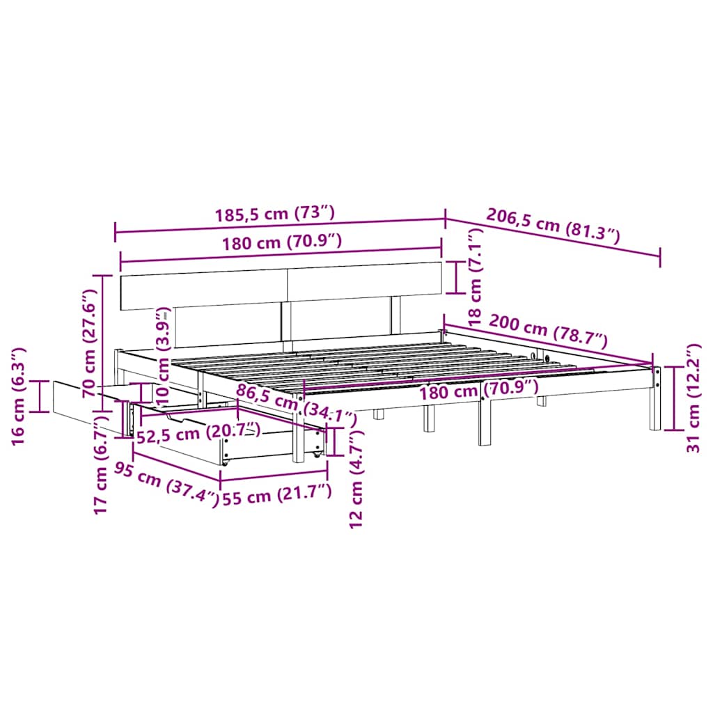Bedframe zonder matras massief grenenhout 180x200 cm – afbeelding 11
