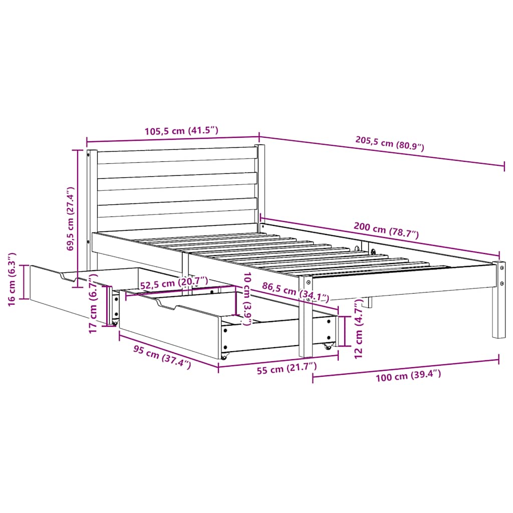 Bedframe zonder matras massief grenenhout 100x200 cm – afbeelding 12