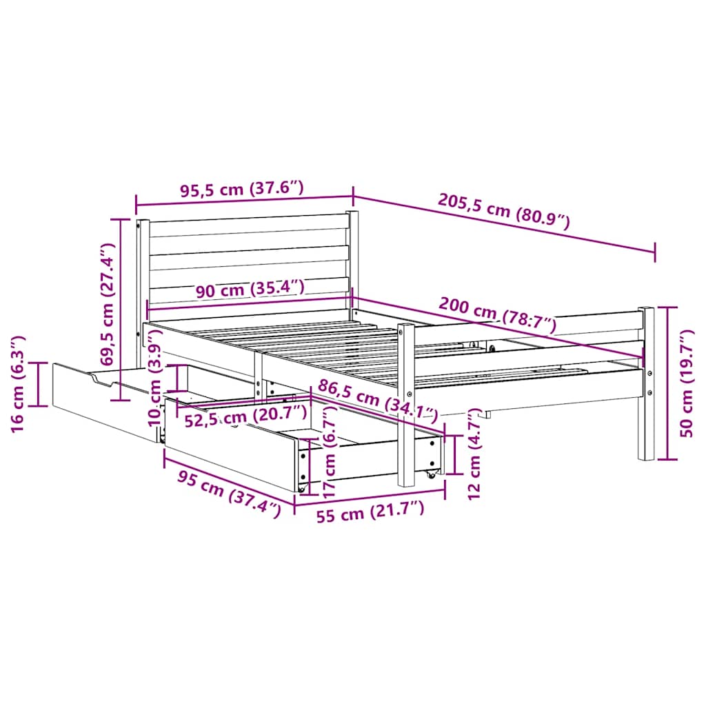 Bedframe zonder matras massief grenenhout 90x200 cm – afbeelding 11
