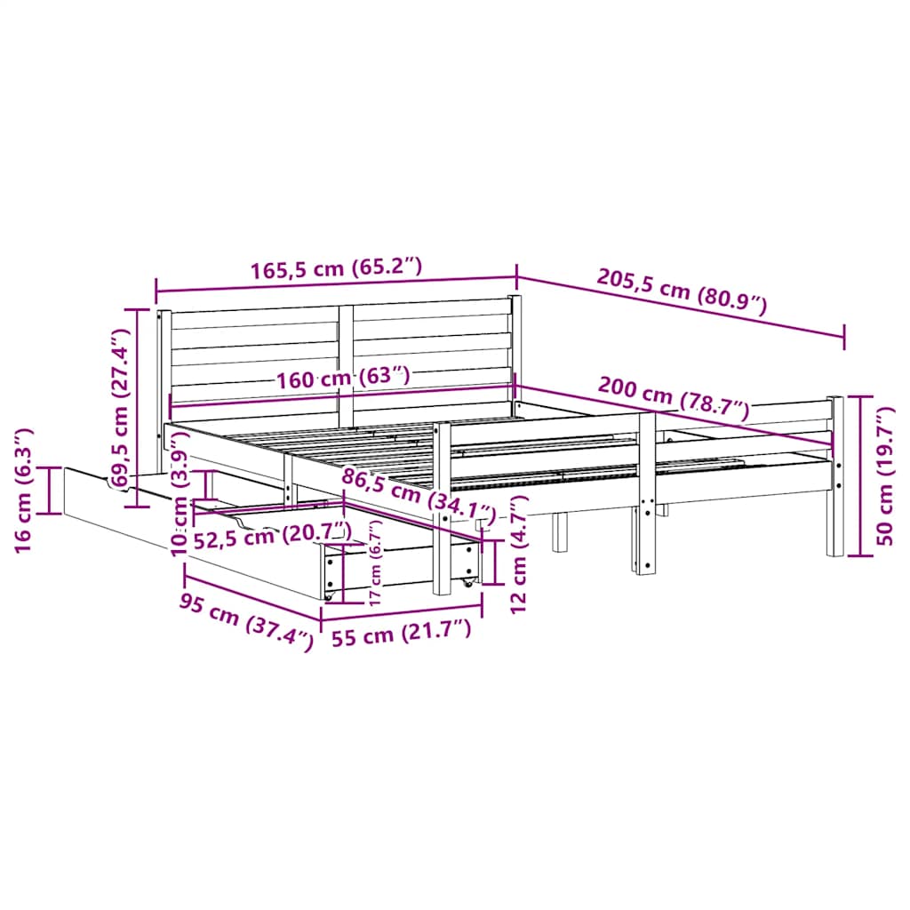 Bedframe zonder matras massief grenenhout 160x200 cm – afbeelding 11