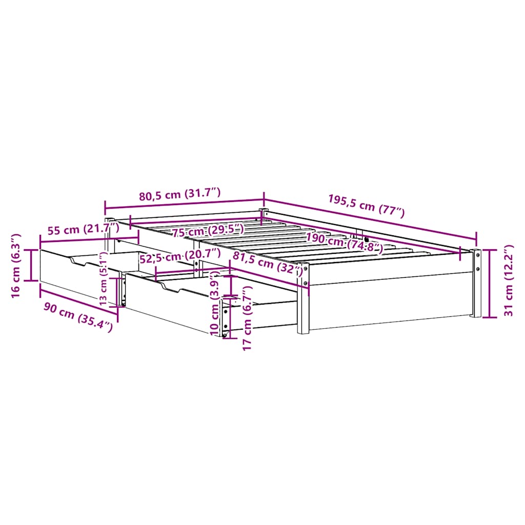 Bedframe zonder matras massief grenenhout 75x190 cm – afbeelding 11