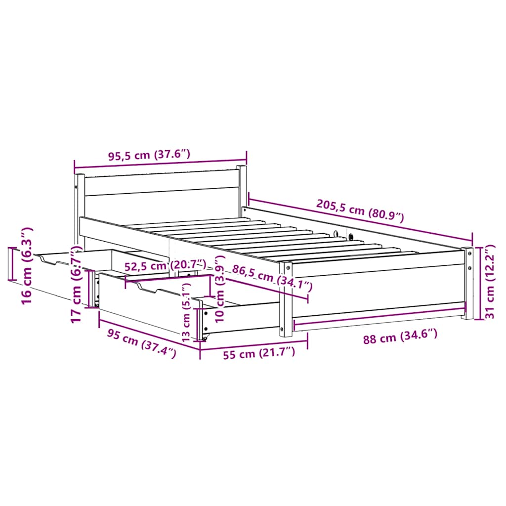 Bedframe zonder matras massief grenenhout 90x200 cm – afbeelding 12