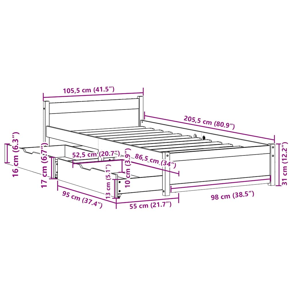 Bedframe zonder matras massief grenenhout 100x200 cm – afbeelding 12