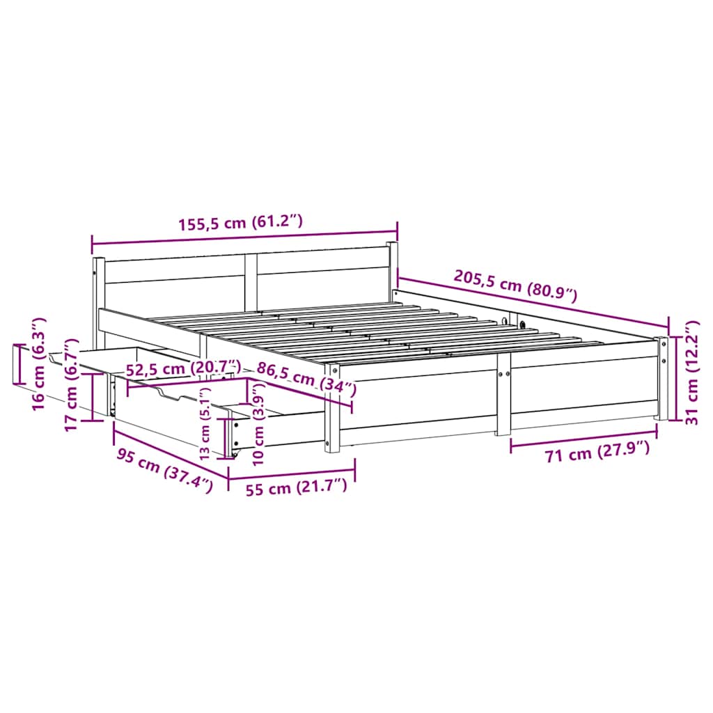 Bedframe zonder matras massief grenenhout 150x200 cm – afbeelding 12