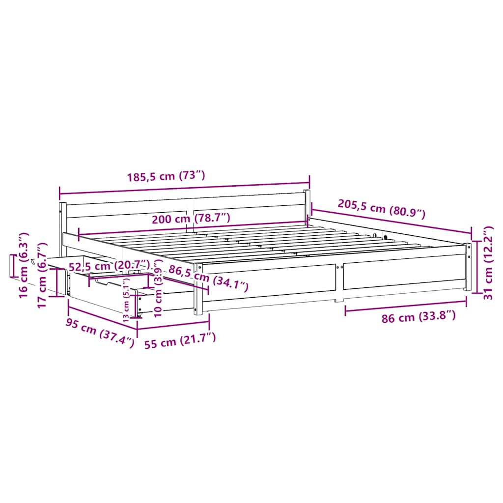 Bedframe zonder matras massief grenenhout 180x200 cm – afbeelding 12