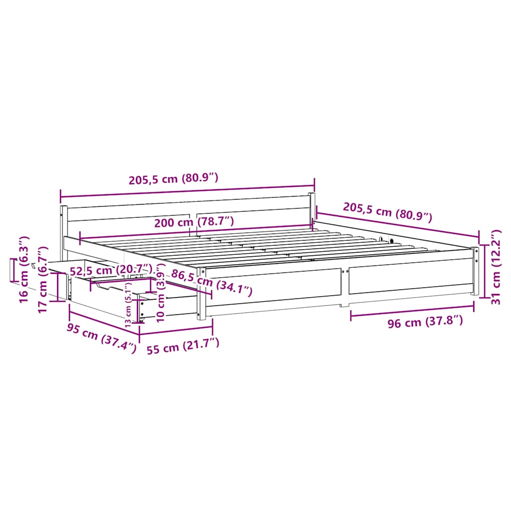 Bedframe zonder matras massief grenenhout 200x200 cm – afbeelding 12