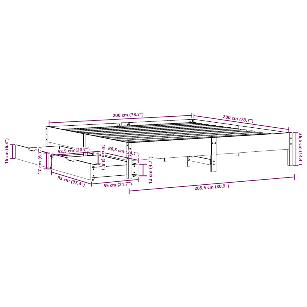 Bedframe zonder matras massief grenenhout wit 200x200 cm – afbeelding 11