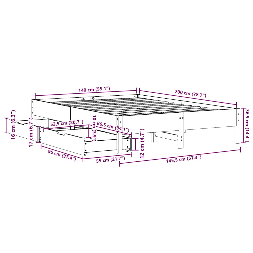 Bedframe zonder matras massief grenenhout 140x200 cm – afbeelding 11