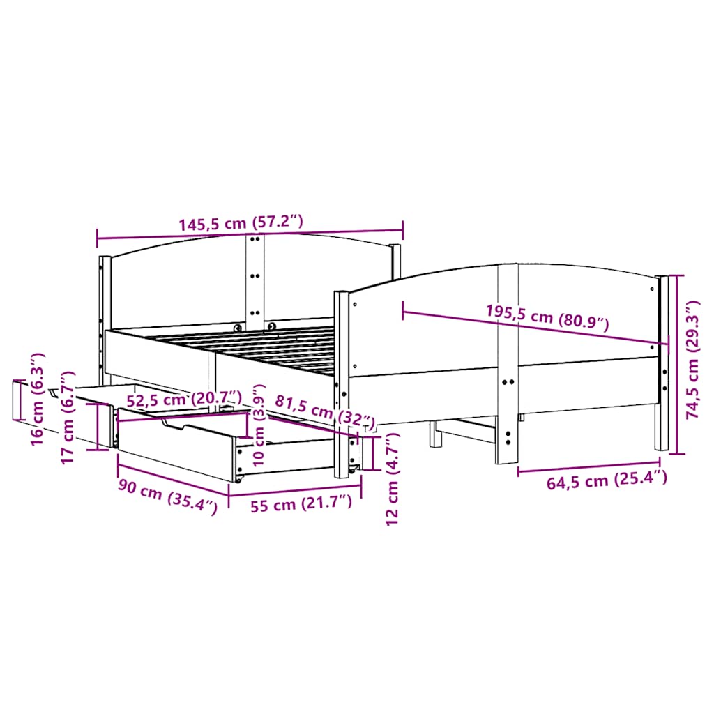 Bedframe zonder matras massief grenenhout wit 140x190 cm – afbeelding 12