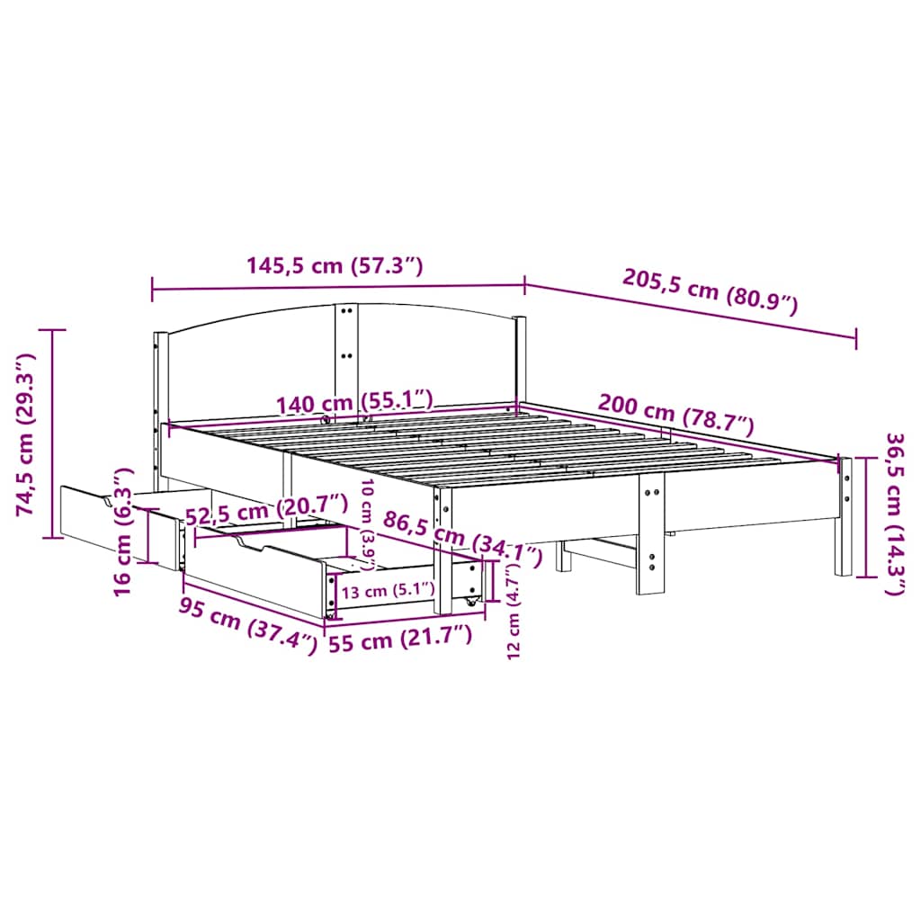 Bedframe zonder matras massief grenenhout 140x200 cm – afbeelding 11