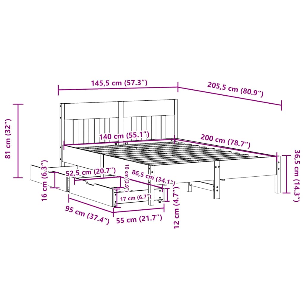 Bedframe zonder matras massief grenenhout 140x200 cm – afbeelding 11