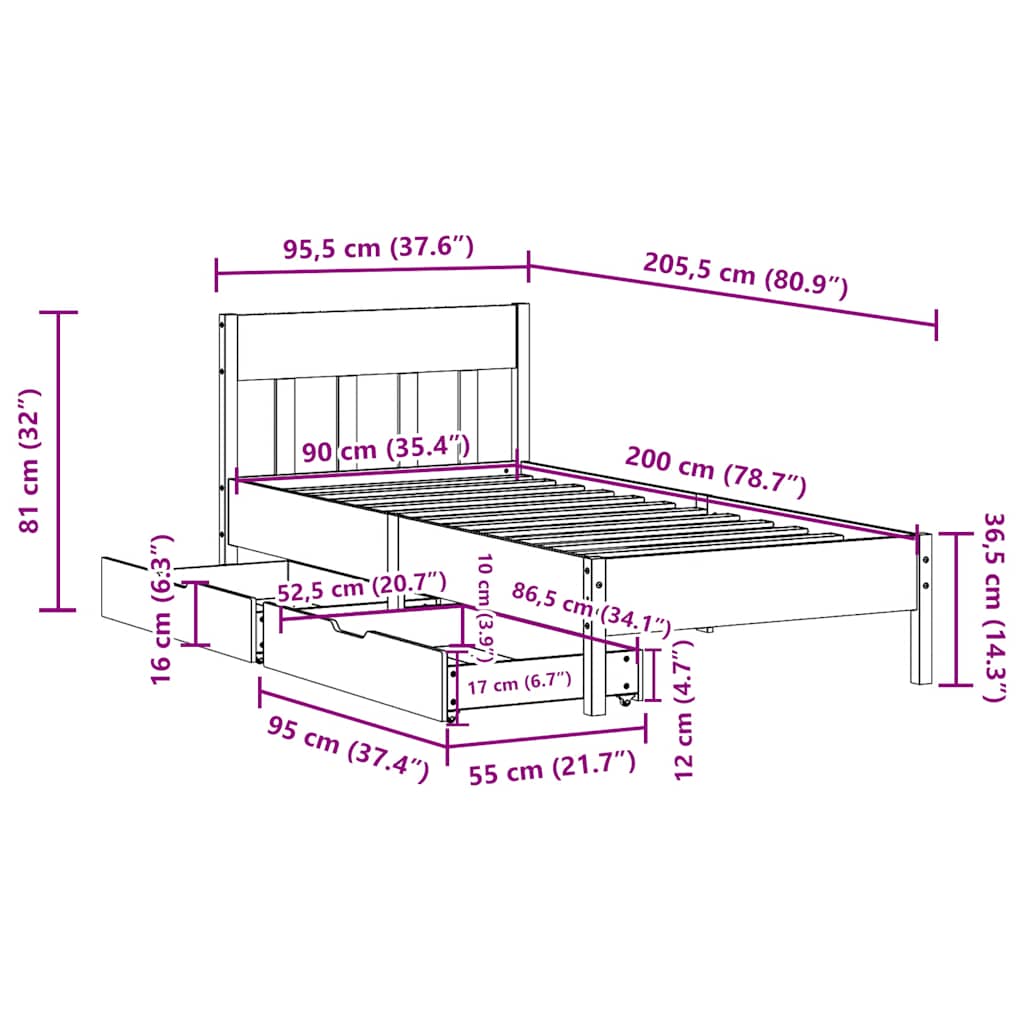 Bedframe zonder matras massief grenenhout 90x200 cm – afbeelding 11