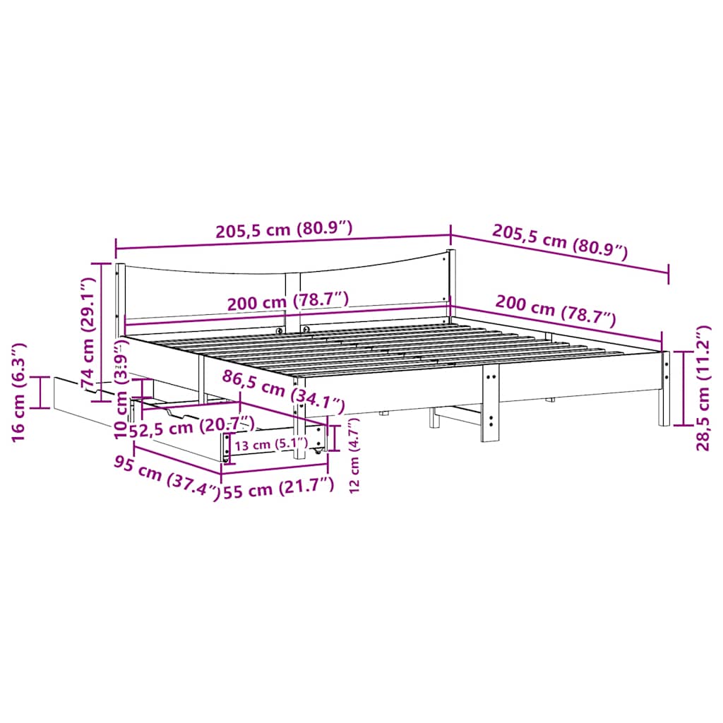 Bedframe met lades massief grenenhout 200x200 cm – afbeelding 11