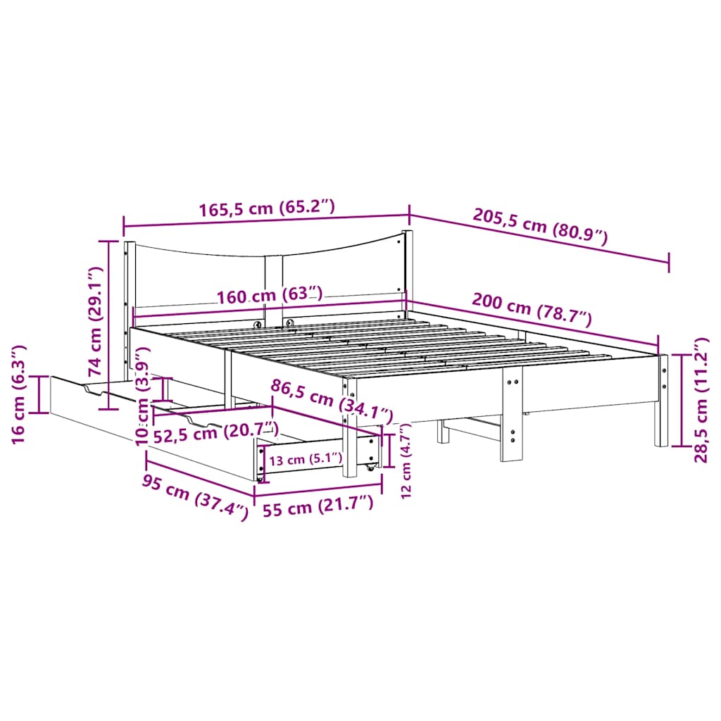 Bedframe met lades massief grenenhout 160x200 cm – afbeelding 11