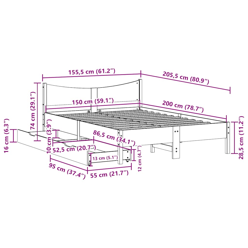 Bedframe met lades massief grenenhout 150x200 cm – afbeelding 11