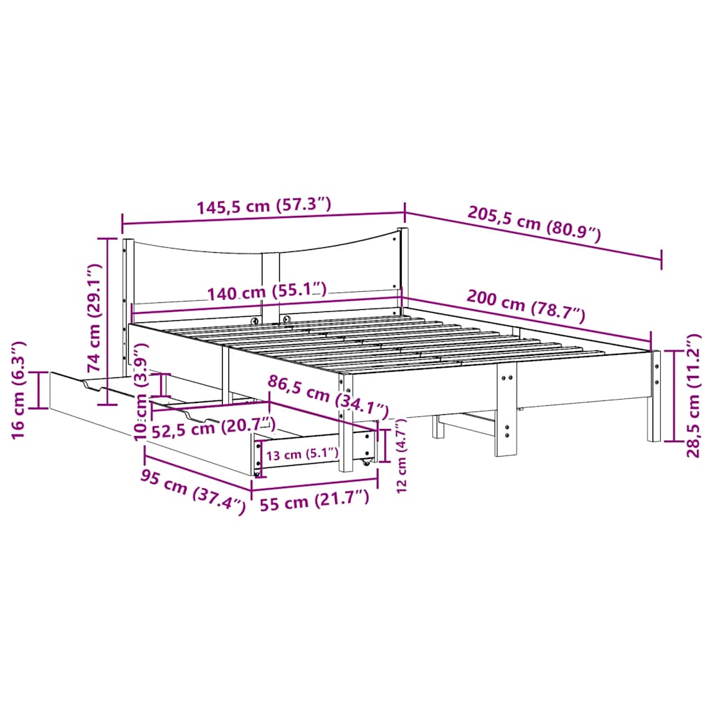 Bedframe met lades massief grenenhout 140x200 cm – afbeelding 11