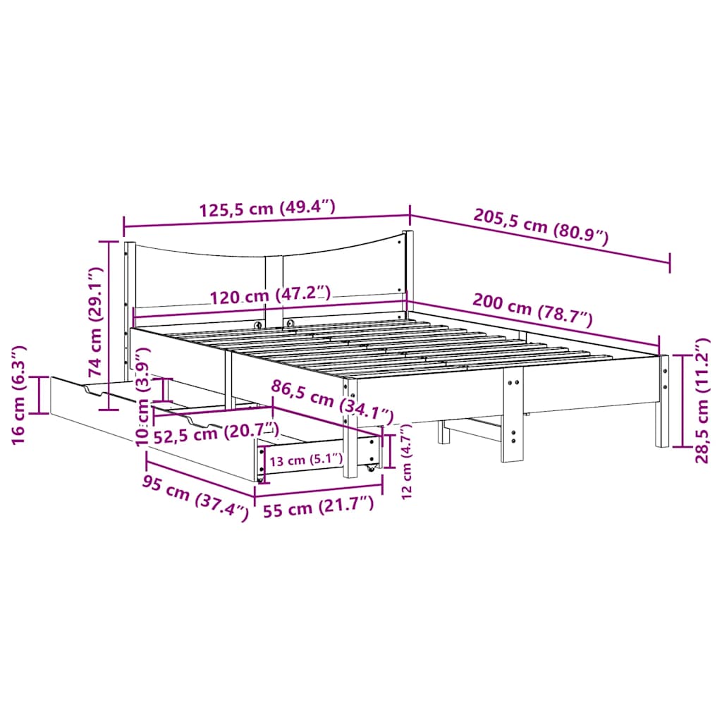 Bedframe met lades massief grenenhout 120x200 cm – afbeelding 11