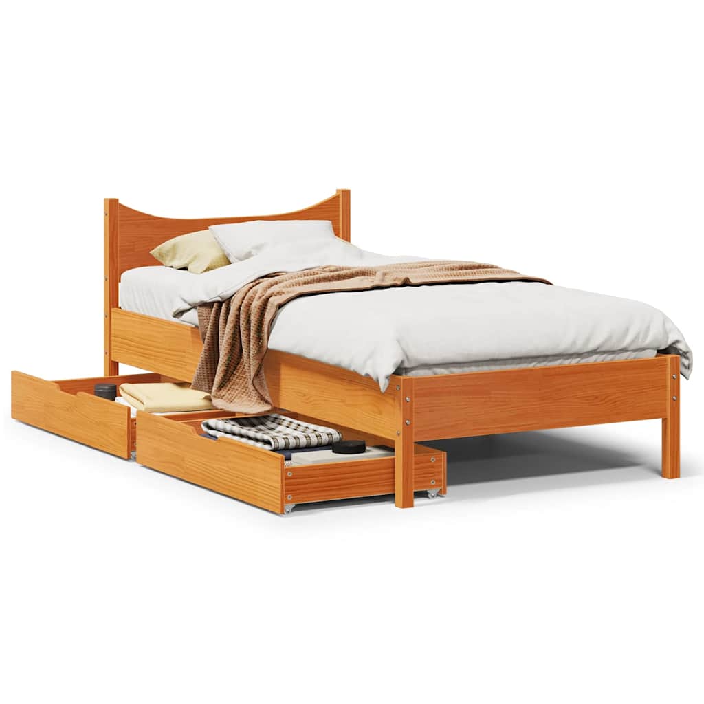 Bedframe met lades massief grenenhout wasbruin 100x200 cm – afbeelding 1