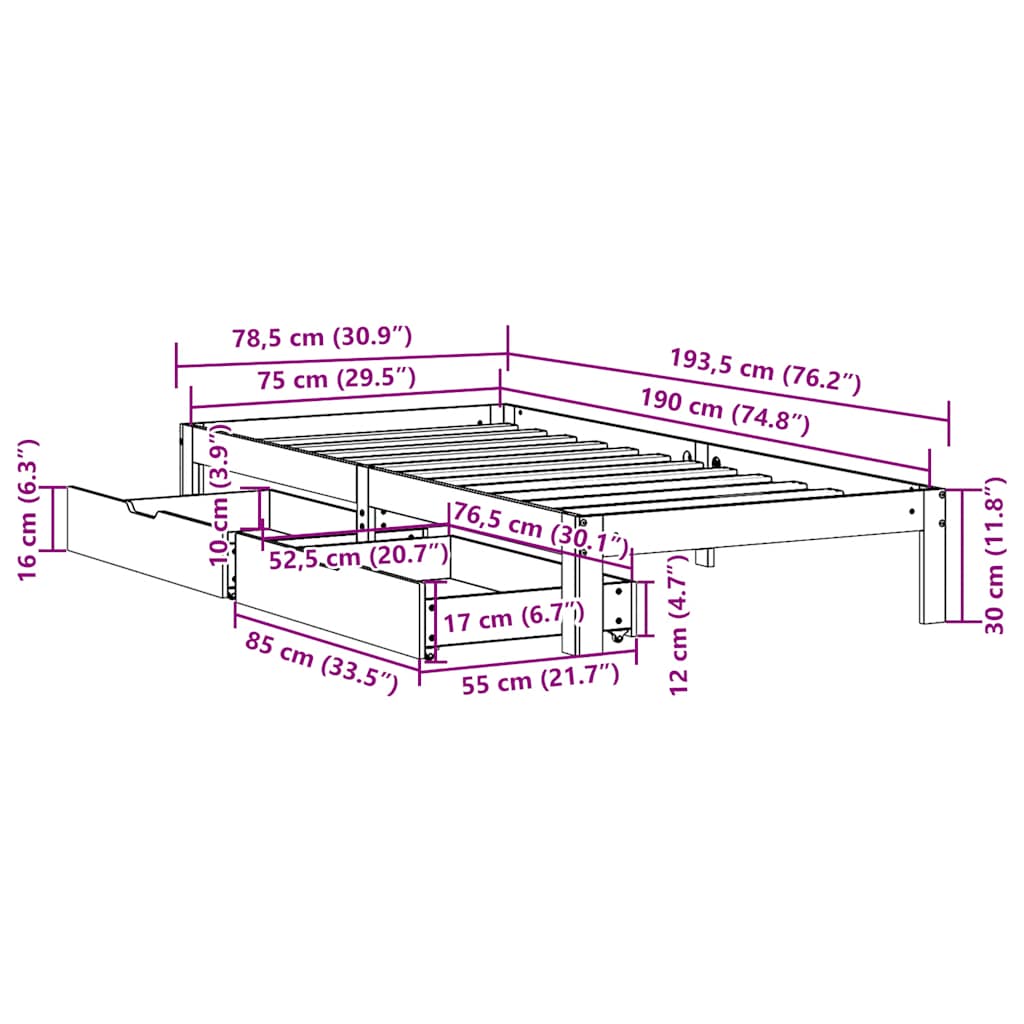 Bedframe met lades massief grenenhout 75x190 cm – afbeelding 11