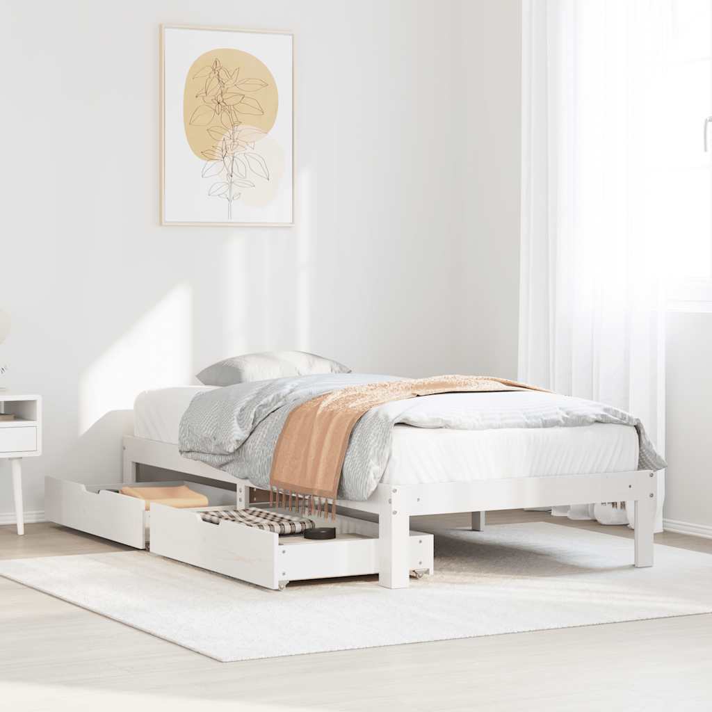 Bedframe met lades massief grenenhout wit 75x190 cm – afbeelding 1