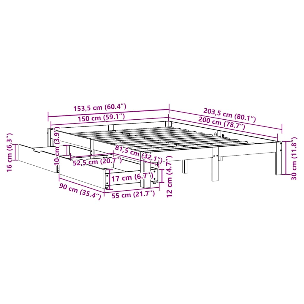 Bedframe met lades massief grenenhout 150x200 cm – afbeelding 11