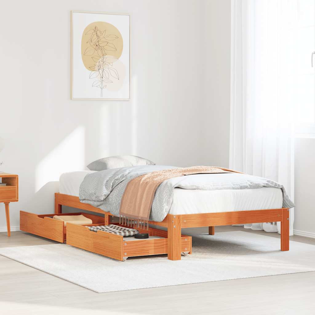 Bedframe met lades massief grenenhout wasbruin 75x190 cm – afbeelding 1