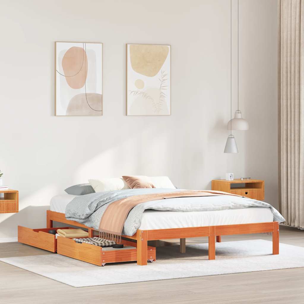 Bedframe met lades massief grenenhout wasbruin 120x190 cm – afbeelding 1