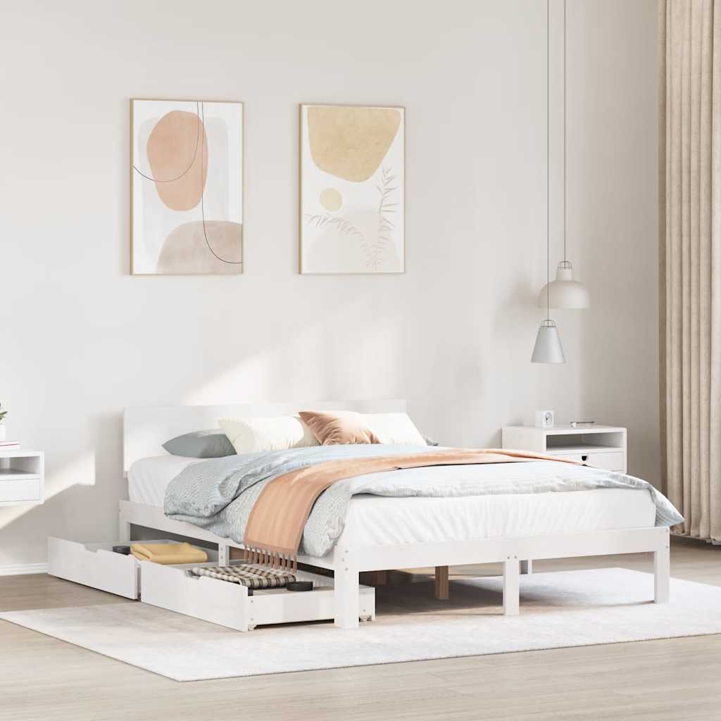 Bedframe met lades massief grenenhout wit 120x190 cm – afbeelding 1