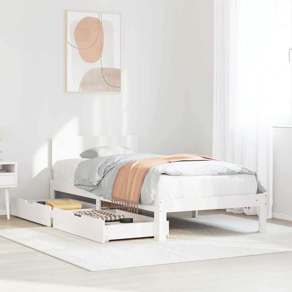Bedframe met lades massief grenenhout wit 90x200 cm – afbeelding 1