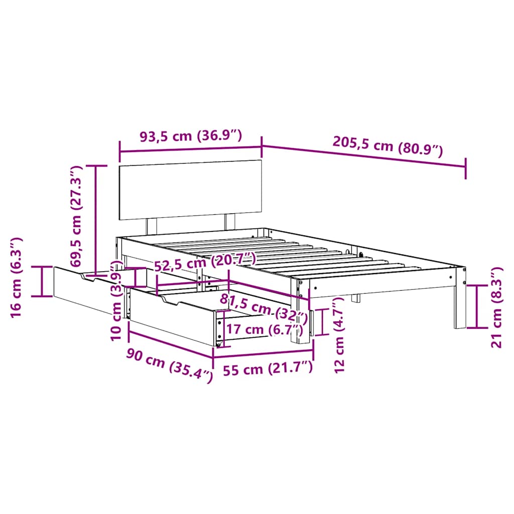 Bedframe met lades massief grenenhout wit 90x200 cm – afbeelding 11