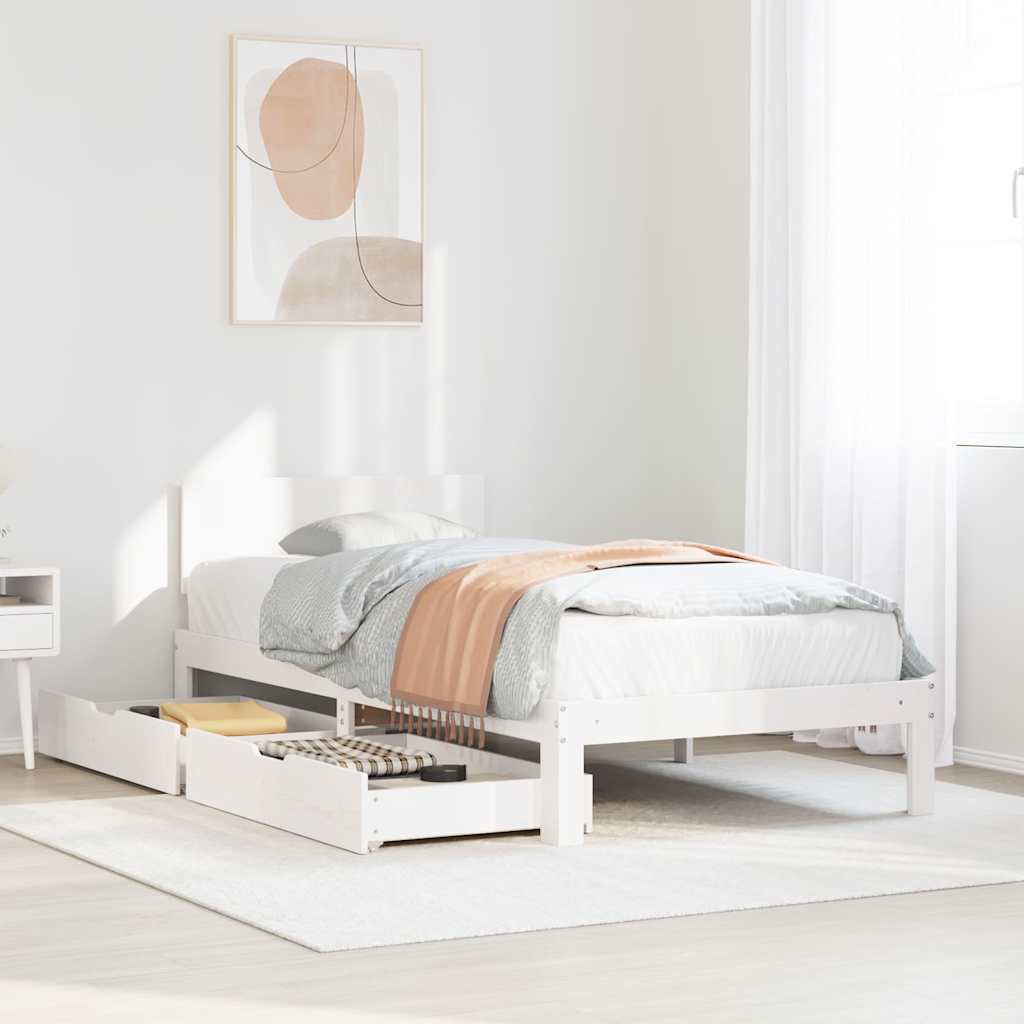 Bedframe met lades massief grenenhout wit 100x200 cm – afbeelding 1