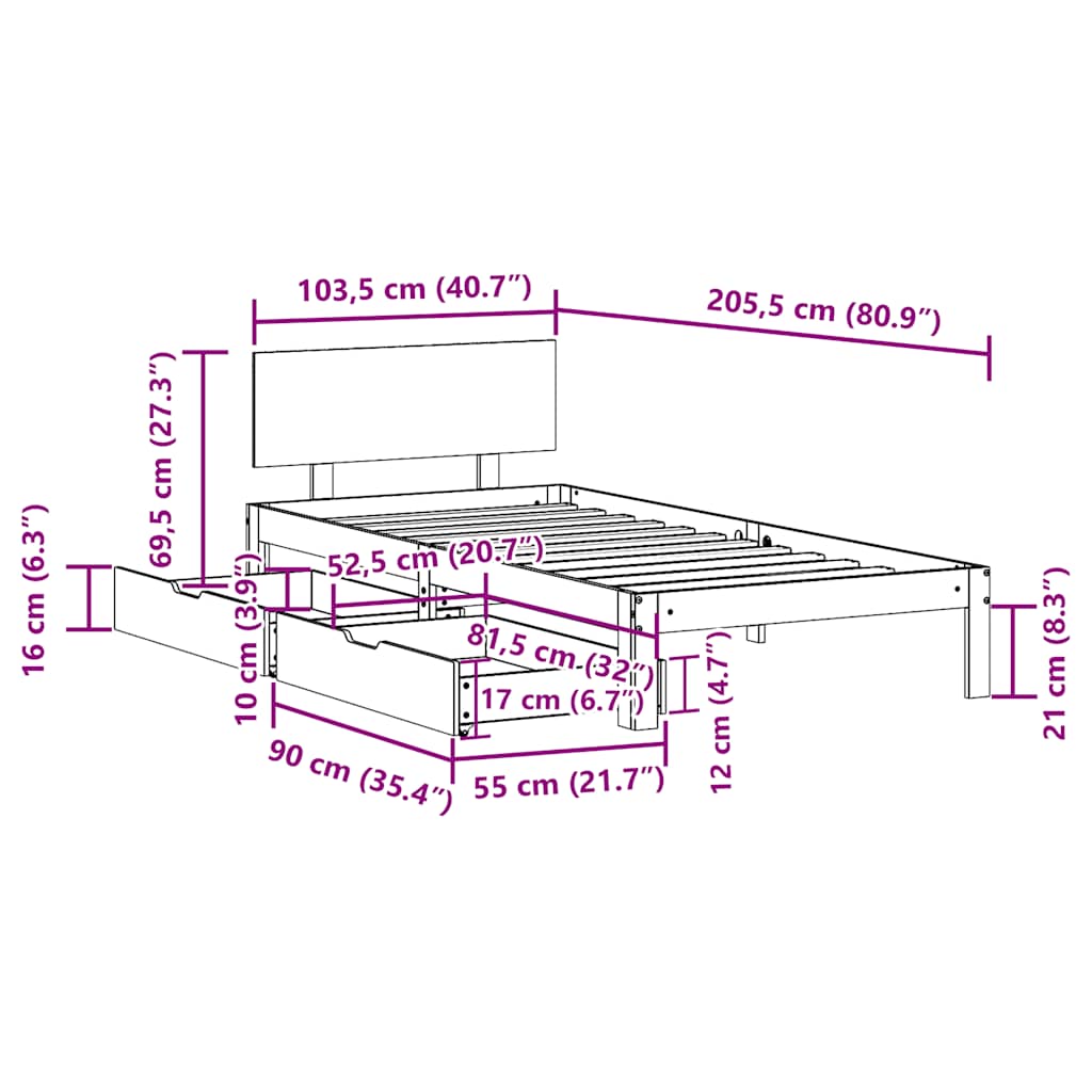 Bedframe met lades massief grenenhout wit 100x200 cm – afbeelding 11