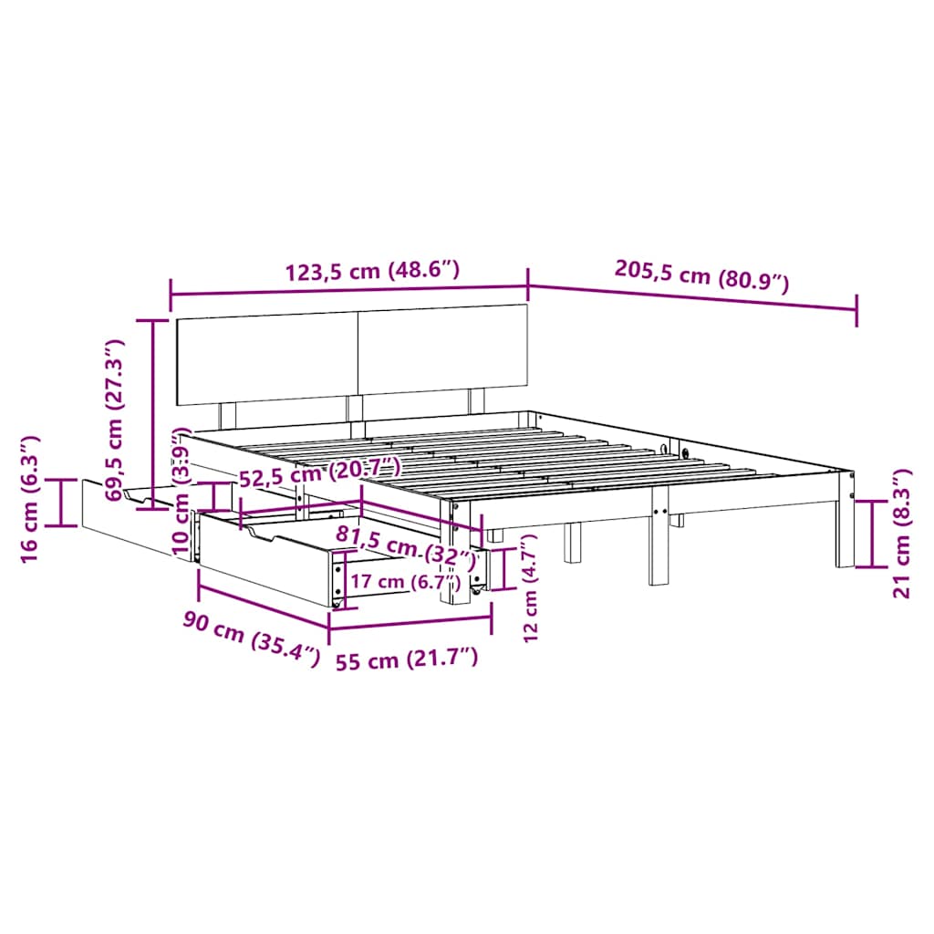 Bedframe met lades massief grenenhout wit 120x200 cm – afbeelding 11