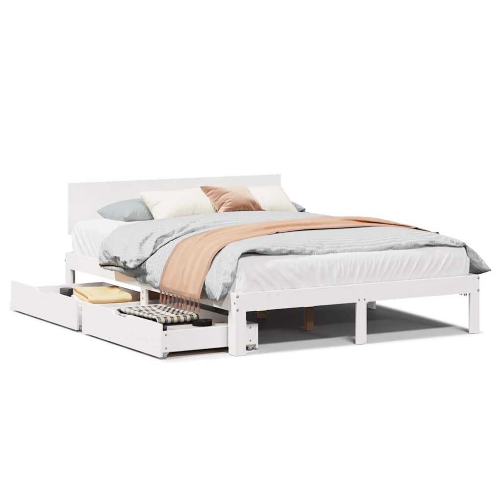 Bedframe met lades massief grenenhout wit 120x200 cm – afbeelding 2