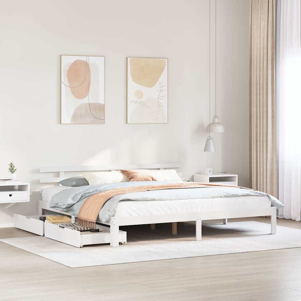 Bedframe met lades massief grenenhout wit 180x200 cm – afbeelding 1