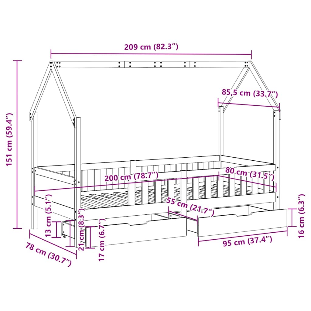 Kinderbedframe met lades 80x200 cm massief grenenhout – afbeelding 12