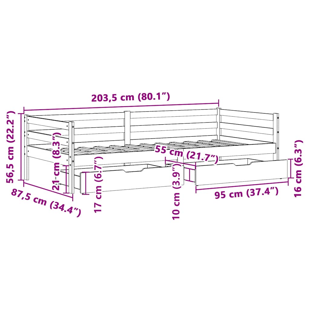 Slaapbank met lades 80x200 cm massief grenenhout – afbeelding 12