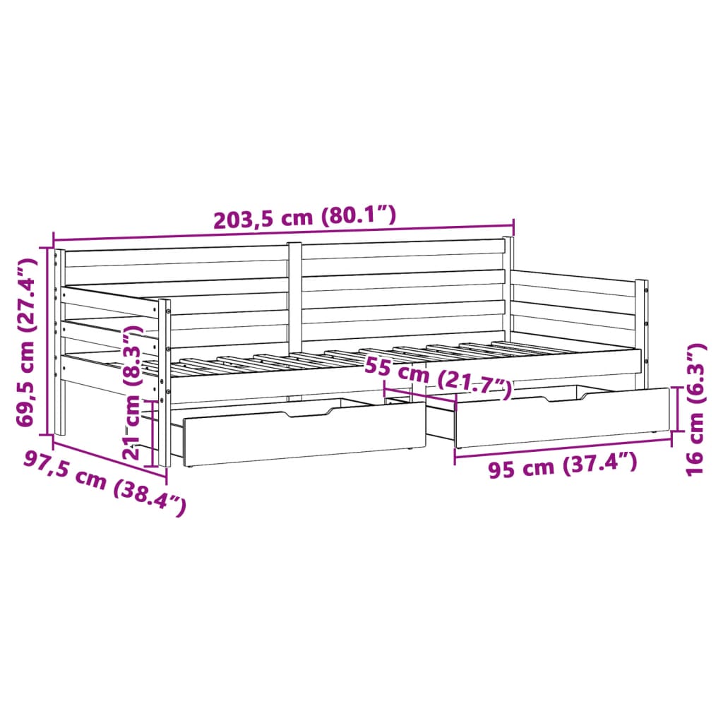 Slaapbank met lades 90x200 cm massief grenenhout – afbeelding 12