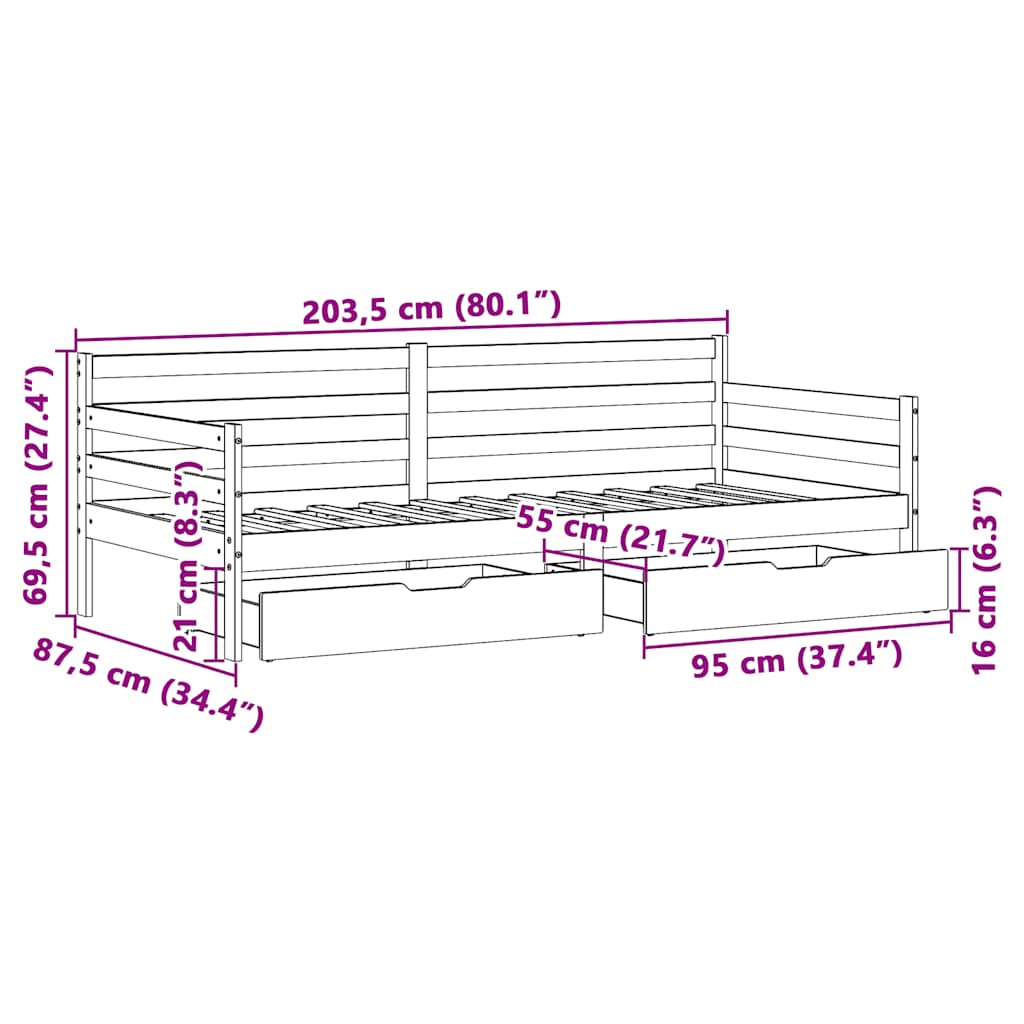 Slaapbank met lades 80x200 cm massief grenenhout – afbeelding 12
