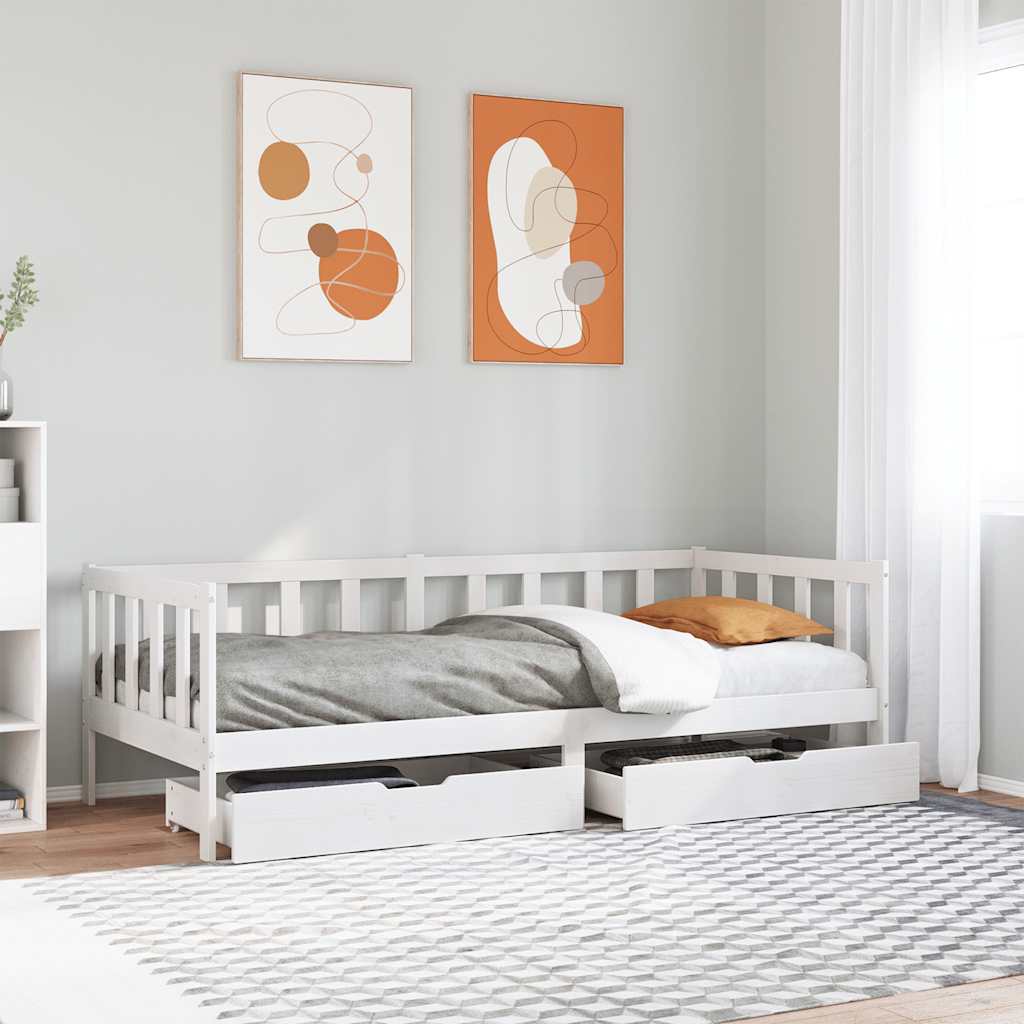 Slaapbank met lades 90x200 cm massief grenenhout wit – afbeelding 1