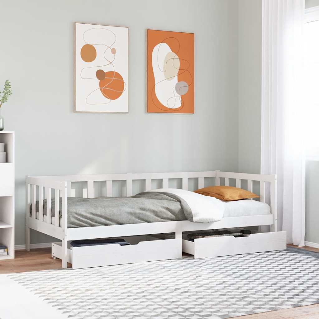 Slaapbank met lades 90x190 cm massief grenenhout wit – afbeelding 1
