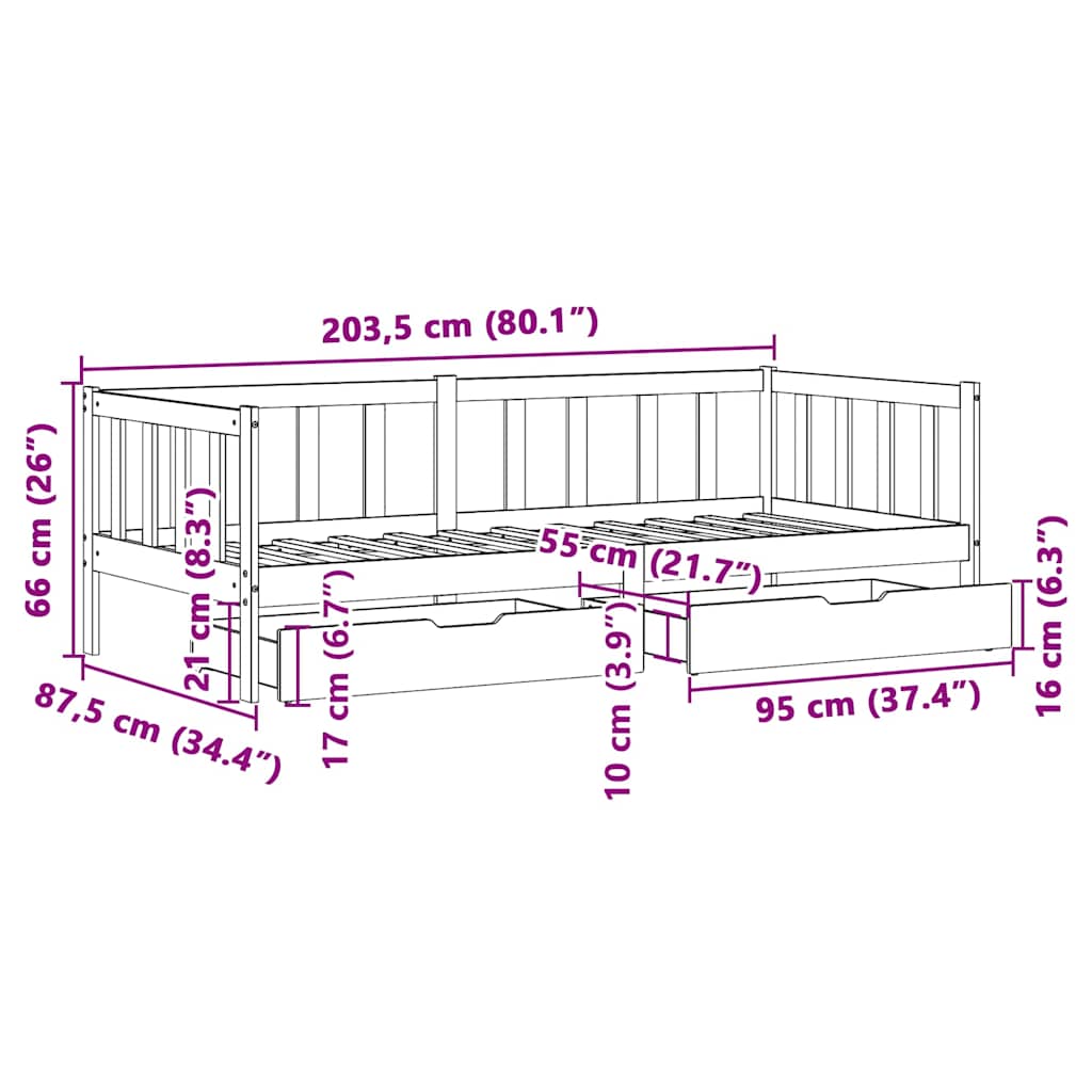 Slaapbank met lades 80x200 cm massief grenenhout – afbeelding 12