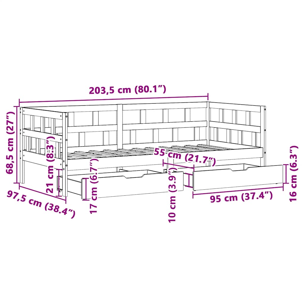 Slaapbank met lades 90x200 cm massief grenenhout – afbeelding 12