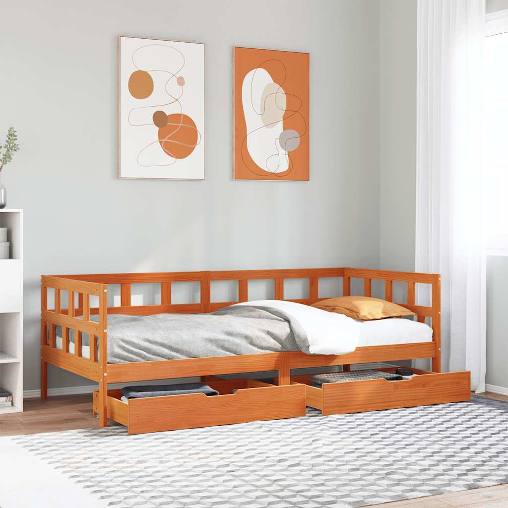 Slaapbank met lades 80x200 cm massief grenenhout wasbruin – afbeelding 1
