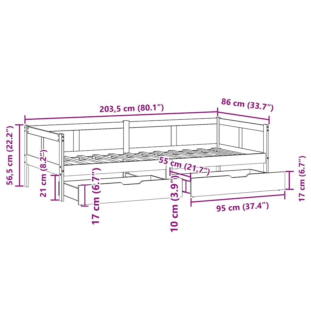 Slaapbank met lades 80x200 cm massief grenenhout – afbeelding 12